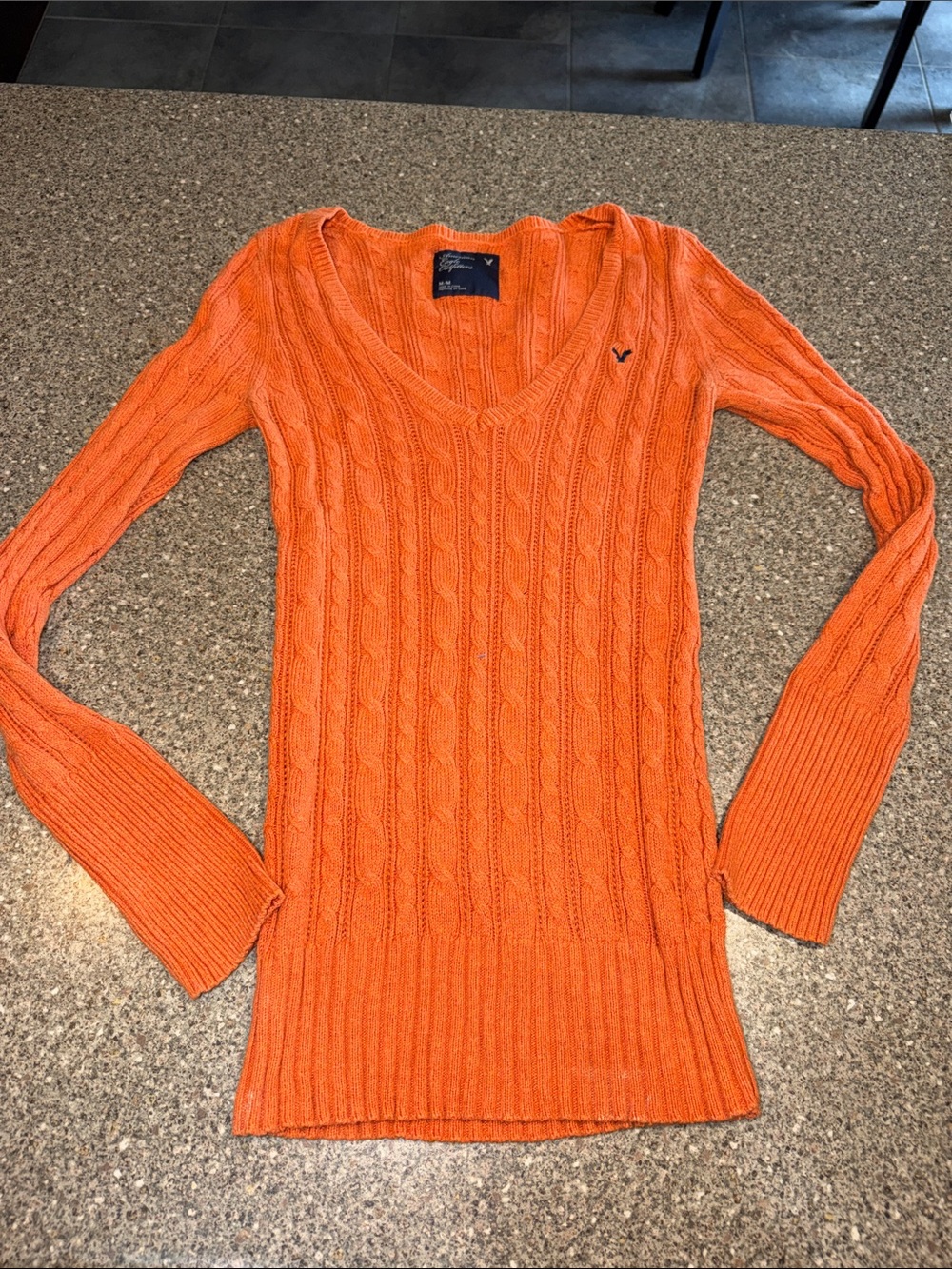 American Eagle Outfitters y2k Orange Cable-Knit V-Neck Sweater